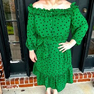 Who What Wear Emerald Green and Black Polka Dot Off shoulder ruffle Dress-Med!